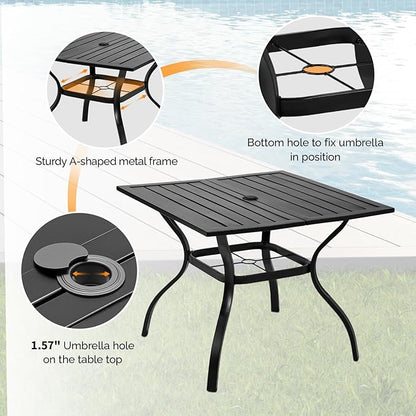VINGLI 36" Square Patio Table for 4, Metal Outdoor Dining Table with Umbrella Hole, All-Weather Steel Patio Dining Table Outdoor Table for Lawn, Garden, Backyard, Black