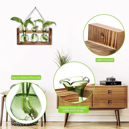 Terrarium Propagation Station, 3 Green Borosilicate Glass Bulbs, Wooden Stand