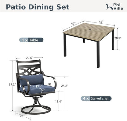 PHI VILLA 5 Pieces Outdoor Dining Set for 4, 42" Square Brown Metal Table with Umbrella Hole & Wrought Iron Swivel Chairs, Large Outside Furniture with Blue Cushions & Pillows for Patio, Deck, Porch