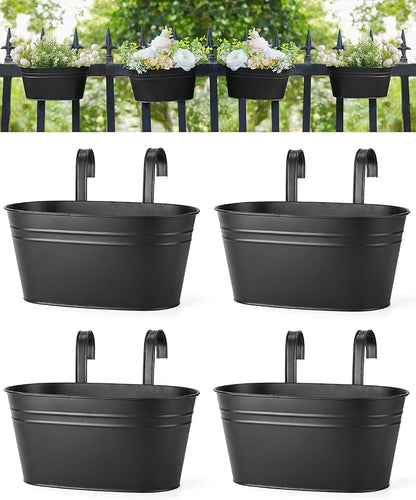 Dahey 10.5 Inch Metal Iron Hanging Flower Pots for Railing Fence Hanging Bucket Pots Countryside Style Outdoor Planter Window Flower Plant Holder with Detachable Hooks Home Decor, Black,4 Pcs