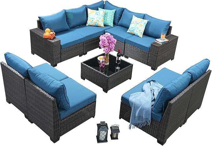 Jing's Villa 10-Piece Patio Furniture Set, All-Weather Outdoor Wicker Sectional Sofa with Cushions,Glass Table & Left and Right Armrest, Rattan Conversation Seating for Porch, Backyard,Peacock Blue