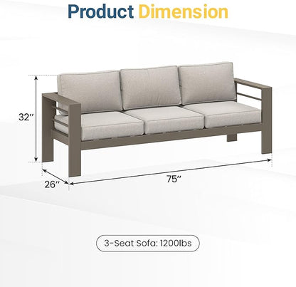 Wisteria Lane Patio Furniture Metal Sofa, Metal Outdoor Chairs with Upgraded Cushions, All-Weather Outdoor 3 Seats Sofa Couch for Balcony, Garden, Deck, Backyard, Khaki