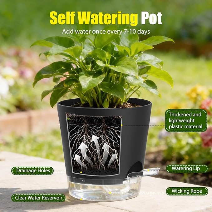 Plant Pots 4/5/5.5/6/6.5/7/8 Inch Self Watering Pots, 7 Pack Plastic Planters with Drainage Holes and Clear Saucers,Plastic Flower Pots,Nursery Planting Pot for Indoor Out Door Plants(Black)
