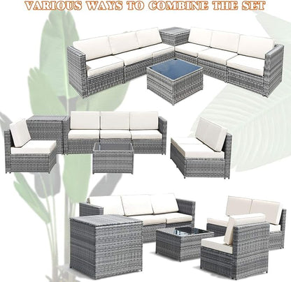 Tangkula 8 Pieces Wicker Patio Furniture Set with Storage Deck Box, PE Rattan Outdoor Sectional Sofa Conversation Set with Coffee Table & Cushions, Outside Furniture for Garden Yard Poolside (White)