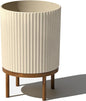 Veradek Demi Series Round Planter w/ Stand for Porch/Patio | Durable Plastic-Concrete & Wooden Stand | Modern Décor for Tall Plants, Flowers