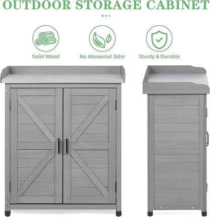 Outdoor Potting Bench with Storage Cabinet and Metal Top, Wood Workstation for Outdoor Patio, Garden (Classic Grey, 31.5x17x39‘’)