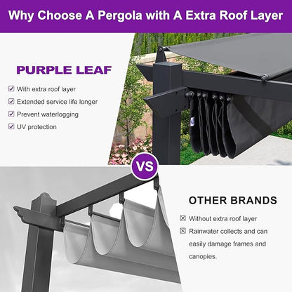 PURPLE LEAF 10' x 10' Aluminum Outdoor Pergola Modern Grape Trellis Retractable Pergola with Double Sun Shade Canopy Metal Pergola with Light for Patios Backyard Deck Garden, Grey