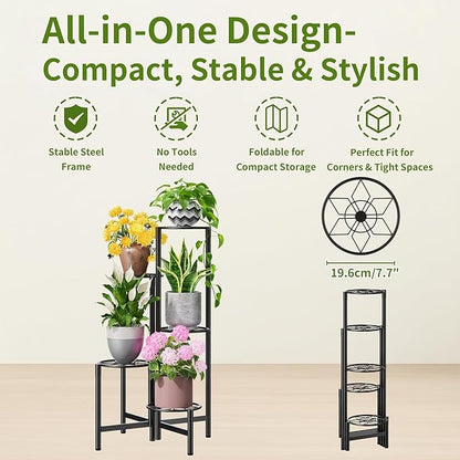 Plant Stand 5 Tier Indoor Metal Flower Shelf for Multiple Plants Corner Tall Flower Holders for Patio Garden Living Room Balcony Bedroom Black Diamond