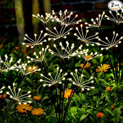 Solar Garden Lights 2 Pack Twinkling Solar Firework Lights with 2 Modes 120LED, Solar-Powered Light for Outside Yard Pathway Garden Decor Outdoor Waterproof, Gardening Gifts for Women Mothers Day,Warm