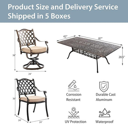 9-Piece Cast Aluminum Patio Furniture, Outdoor Dining Sets for 8 Include 87" Rectangular Patio Dining Table, 6 Stackable Chairs & 2 Swivel Chairs with Cushions & Umbrella Hole(Bronze)