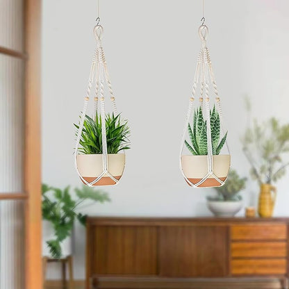 35 Inch Macrame Plant Hanger Indoor with Wood Beads and No Tassels,Strong Hanging Planter Flower Pot Holder for Indoor Outdoor Boho Home Decor,Set of 2,Ivory(Pots Not Included)