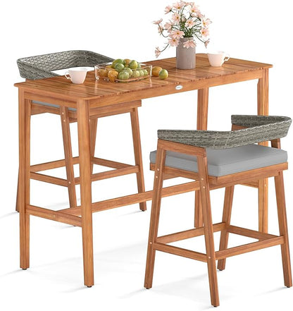 Tangkula 3 Piece Patio Bar Set, Outdoor Acacia Wood Counter Height Table with 2 Cushioned Barstools with Curved Rattan Back and Footrest, for Backyard, Poolside, Balcony