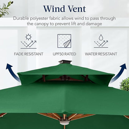 Best Choice Products 10ft Square Cantilever Patio Umbrella w/Base Included, Woodgrain Pattern Pole & Solar LED Lights, 360-Rotation, Offset Hanging Outdoor Shade - Green