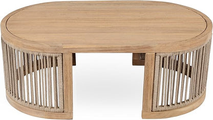Christopher Knight Home Buekaz Outdoor Acacia Wood Coffee Table with Woven Rope Accents, Outdoor Patio Slatted Oval Centerpiece, Boho Chic Garden Sofa Side Accent Table for Modern Decor, Light Teak