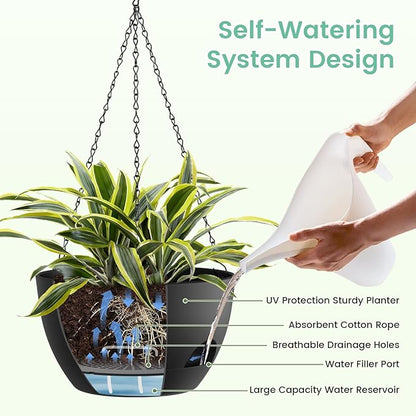 4 Pack 8 Inch Self Watering Hanging Planters for Indoor Outdoor Plants，Hanging Pots for Plants with Drainage Removable Tray, Hanging Baskets Flower Pots for Ivy Pothos Spider Garden Porch Black