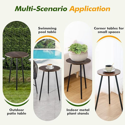Metal Outdoor Side Tables Set of Two Small Outside Round End Table for Patio Modern Accent Garden Corner Table for Small Spaces, Balcony, Porch, Weather-Resistant Plant Stand Indoor, Woodgrain