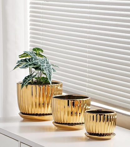 Ton Sin Gold Plant Pots,4.1+5.1+6.5 Inch Ceramic Succulent Planters Set of 3 Mini Indoor Flower Pot with Drainage,Handmade Decorative Ceramic Orchid and Herb Pots(Gold)