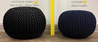 COTTON CRAFT - Hand Knitted Cable Style Dori Pouf - Yellow - Floor Ottoman - Cotton Braid Cord - Handmade & Hand Stitched - Truly one of a Kind Seating - 20 Dia x 14 High
