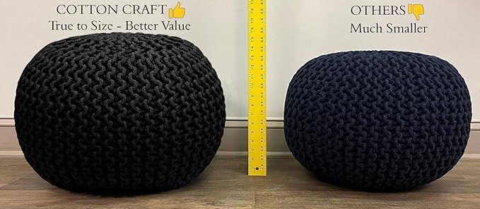 COTTON CRAFT Round Pouf Ottoman - Knitted Cotton Braid Cord Cable Dori Floor Pouf Foot Stool Accent Furniture Chair Seat Bean Bag - Living Room Bedroom Kids Room Nursery Dorm - 20 x 14- Ash Grey