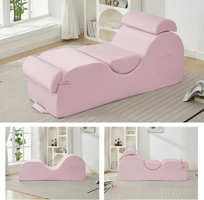 ijuicy Sleek Chaise Lounge Chair for Exercise, Indoor Lounger with Headrest, Waist Cushion, Movable Footrest, Side Pockets, Non-Slip Bottom, High Density Sponge, Pink