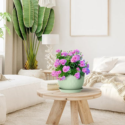 Large Flower Pots 12/10/9 inch, 3 Set Wide Plant Pots for Outdoor Indoor Plants with Water Ripples, Big Plastic Planters with Drainage Holes and Saucers for Garden House Plants, Green