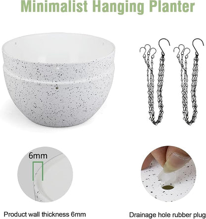 8 inch Hanging Planters for Small Indoor Outdoor Plants, 2 Pack Hanging Flower Pots with Drainage Holes and Chain for Garden Porch, Plastic Hanging Baskets for House Plants, Speckled White