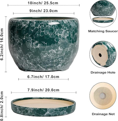 SQOWL 10 Inch Plant Pot - Ceramic Planter for Indoor Plants Outdoor, Large Ceramic Flower Pot with Drainage Hole and Saucer, Decorative Round Planter, Living Room Decor, Gifts for Women Men, Green
