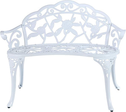Mandolin Outdoor Benc Park Garden Chair,All Chair Anti Rust Cast Aluminum Patio Yard Bench,Carved Rose Loveseat Bench for Backyard .Porch.Balcony.Lawn (White)