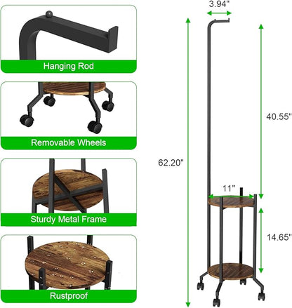 Plant Stand Indoor, 2 Tier Hanging Tall Plant Shelf with Wheels, 3 Potted Corner Flower Stand Metal Plant Holder, Plant Shelves for Living Room, Bedroom, Patio, Outdoor, Black