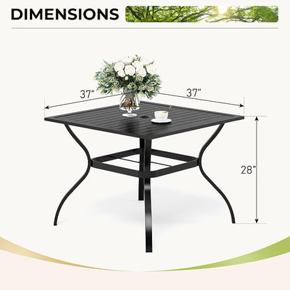 Dining Table, 37 Inch Square Metal Patio Table with Umbrella Hole, Black