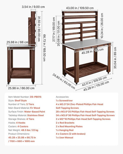 VEVOR Potting Bench Table, Outdoor Gardening Workstation with 45 x 26 in Stainless Steel Tabletop, Storage Shelves, 4 Casters, Hooks, Garden Planting Work Station for Outside Patio, Backyard, Brown