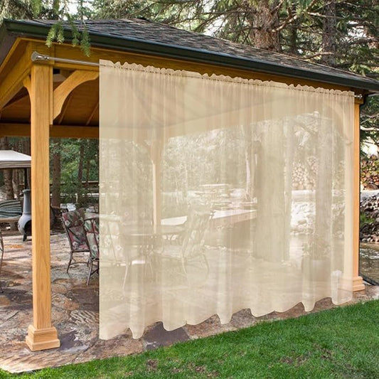 SpaceDresser Waterproof Outdoor Sheer Curtains for Patio - 2 Panels Rod Pocket Indoor Voile Sheer Curtain for Living Room,100W x 96L inch, Beige