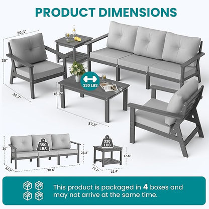 7-Piece HDPE Patio Furniture Set, Outdoor Sectional Sofa Set,All Weather Outdoor Couch with Dust-Free Cushions, Durable Patio Conversation Sets for Balcony, Porch, Gray
