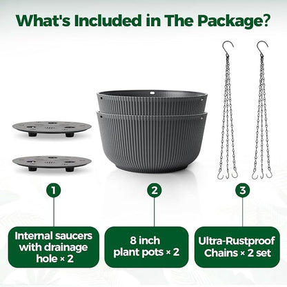 T4U 8 Inch Hanging Planters for Indoor Outdoor Plants, Self Watering Hanging Pot Pack of 2, Hanging Pots with Drainage Hole & Plug & Chain with 3 Hooks for Garden Home Decor, Grey