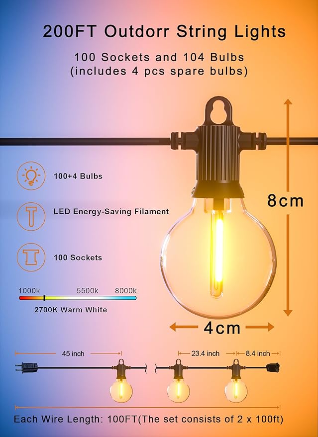 String Lights, 200FT Outdoor LED Patio Lights, 100 G40 Shatterproof Bulbs