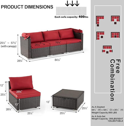 HOMREST 6 Pieces Patio Furniture Sets, Rattan Daybed with Retractable Canopy, Outdoor Sectional Sofa Set with Adjustable Backrest, Chaise Chair Sunbed for Garden Poolside Backyard(Red)