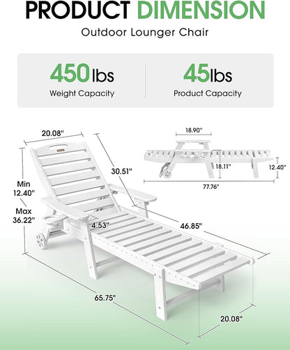 Lounge Chair Outdoor Set of 4 with Wheels, Adjustable 5-Position Chaise Lounge Outdoor, Patio Lounge Chair for Poolside Backyard, White
