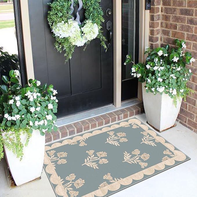 Outdoor Rugs Floral Scalloped Edge Non-Slip Door Mat, Blue 2x3
