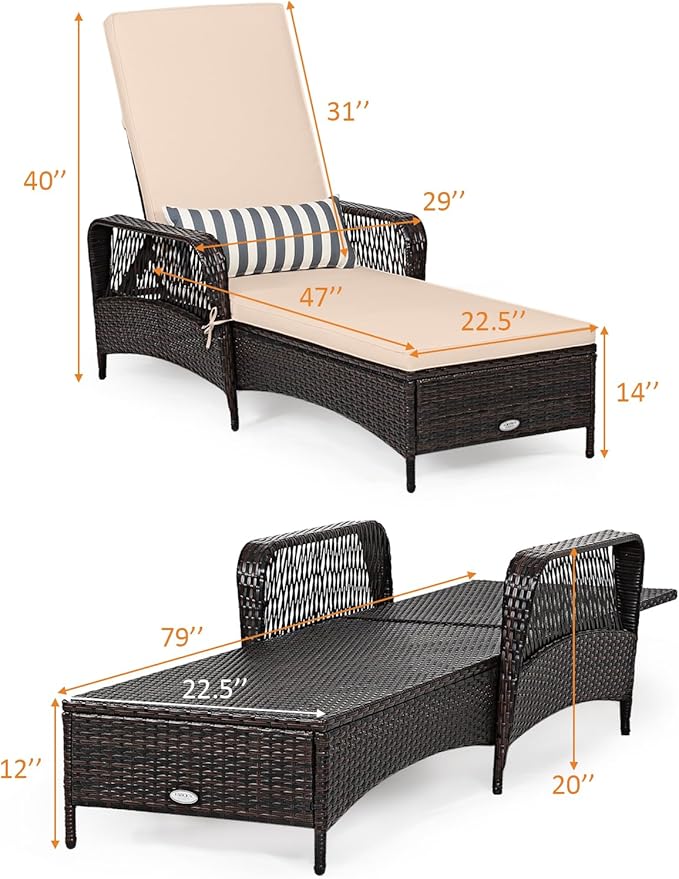 Outdoor Wicker Chaise Lounge Chair, 6-Position Recliner, Brown and Beige