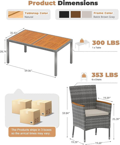 Flamaker 7 Piece Patio Dining Set Outdoor Acacia Wood Table and Chairs with Soft Cushions Wicker Patio Furniture for Deck, Backyard, Garden (Grey)