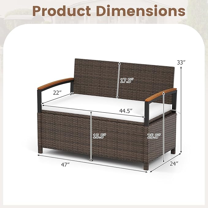 Benches, 46 Gallon Outdoor Storage Loveseat, Brown PE Rattan