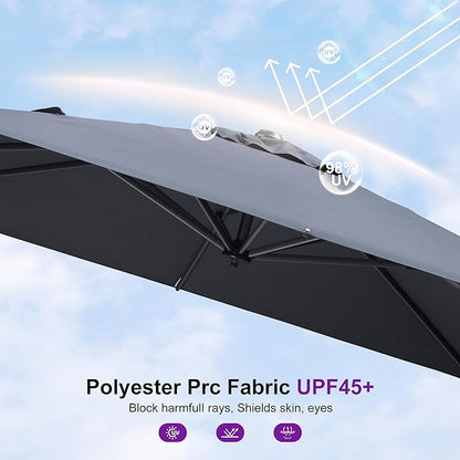 PURPLE LEAF 8' X 8' Patio Umbrella with Wheeled Base for Pool 7' High Offset Outdoor Cantilever Umbrella Swimming Pool Umbrella with 360°Rotation for Poolside Grey