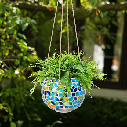 Ceramic Hanging Planter Mosaic Hanging Flower Pot Small Plant Pot for Indoor Plant Disco Ball Planter with Drainage Square Blue