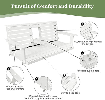 Poly Lumber 3-Seat Porch Swing, HIPS 5-Feet Bench Swing with Foldable Cup Holders,18/8 Stainless Steel Hardware, High Backrest and Deep Contoured Seat, Snow White