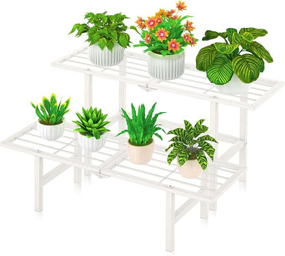2 Tier Metal Plant Stand Outdoor Indoor, Separated Tiered Outdoor Folding Plant Shelf, Ladder Plant Stands Display Rack for Garden Window, 8.3/15.4'' Tall (White)