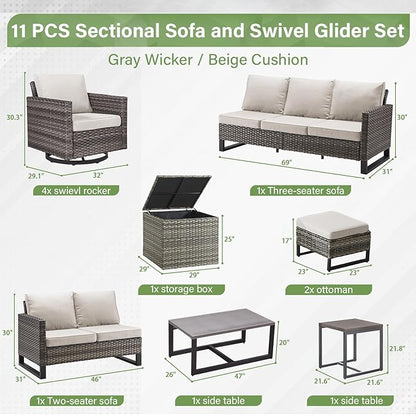 Belord Spacious 11 Pieces Patio Conversation Set - 5-Seater Outdoor Furniture Sectional Sets with Swivel Glider Chairs Set of 4 and Storage Box, Metal Top Coffee Table with Embedded Ottoman Gray