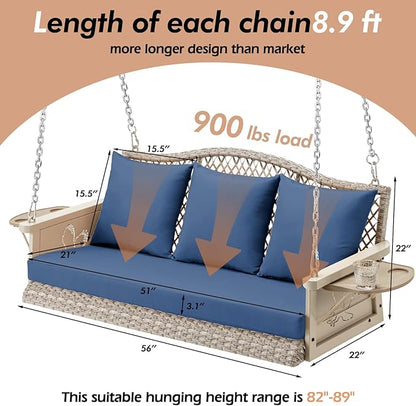 Upgraded Wicker Hanging Porch Swing Heavy Duty 900 LBS 3-Seat Outdoor Patio Swing Chair Bench for Adult w/ 8.9ft Hanging Chains Cushions and Cup Holder(Grey/Blue)