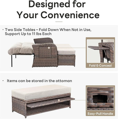 Belord Patio Furniture Set - 6-Piece Wicker Loveseat Outdoor Daybed Furniture Set with Recliner Lounge Chairs Set of 2 and Side Table, All-Weather Outdoor Patio Conversation Set for Deck Pool Backyard