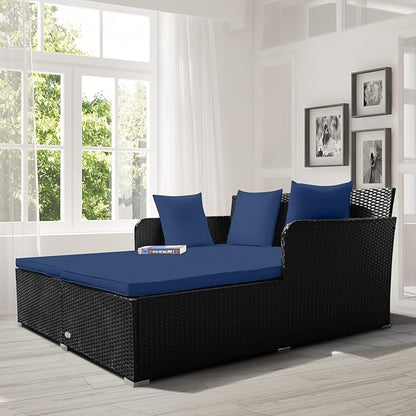 RELAX4LIFE Rattan Patio Outdoor Daybed, Wicker 2-Person Sunbed Loveseat with Soft Cushions, 4 Pillows, Curved Backrest & Armrest, Double Bed Lounger Sofa Set for Balcony Porch, Patio Bed (Navy)