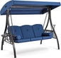 HOMREST 3 Seat Outdoor Porch Swing with 1.5" Deepened Cup Holder, Adjustable Canopy, Patio Swing Bed with Stand, Patio Glider Swing with Thicken Cushions, Pillow for Yard, Garden(Blue)